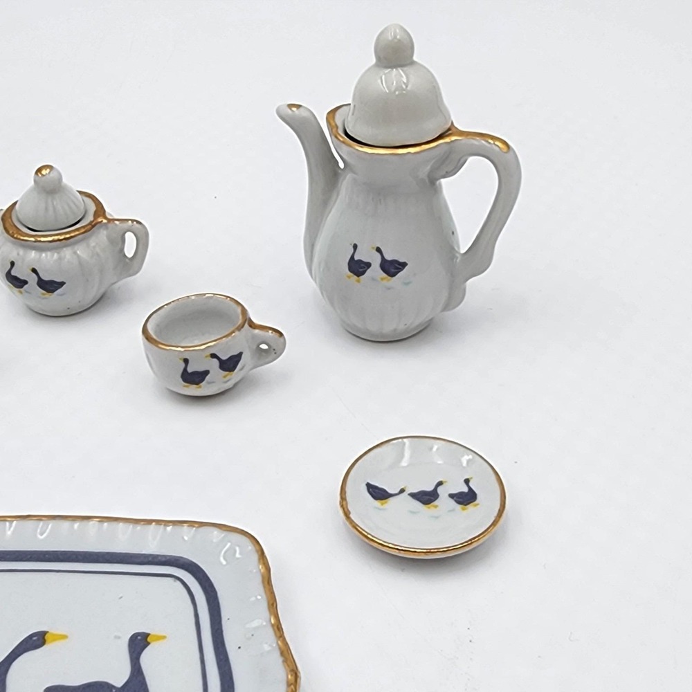 Vintage 80s Miniature Porcelain Tea Set with Country Goose Motif Gold Trim 10 Pc - Picture 4 of 8